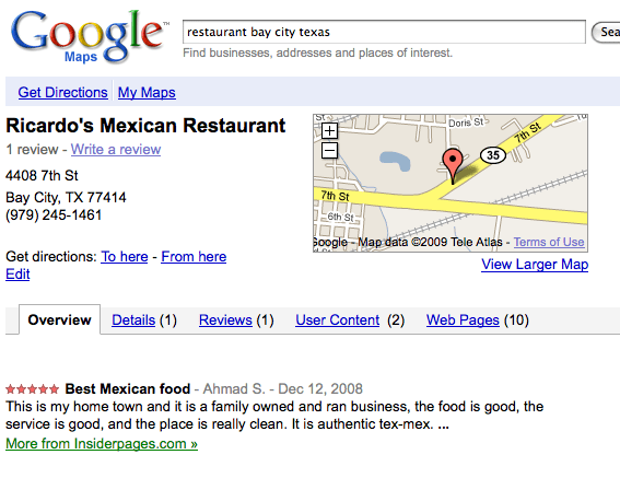 Sample Google Places Listing from Bay City TX
