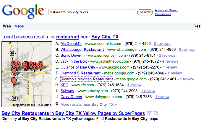 Sample Google Local Results from Bay City TX