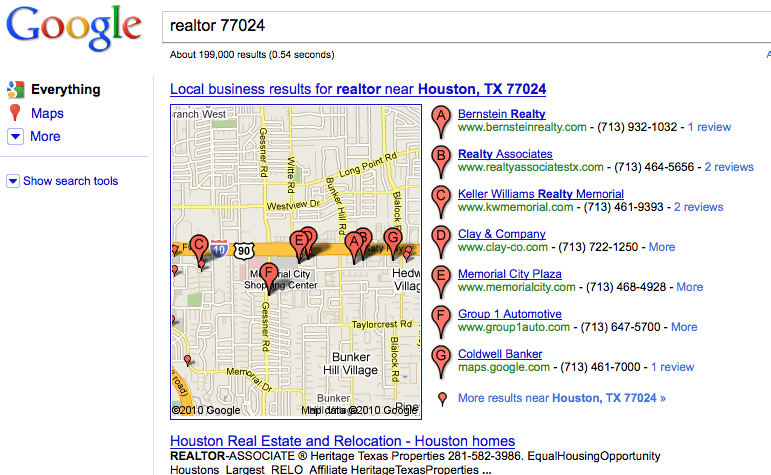 Google search results for "realtor" in zip code 77024 in Houston TX