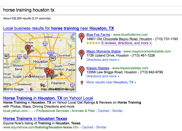 Google search results for horse training houston tx