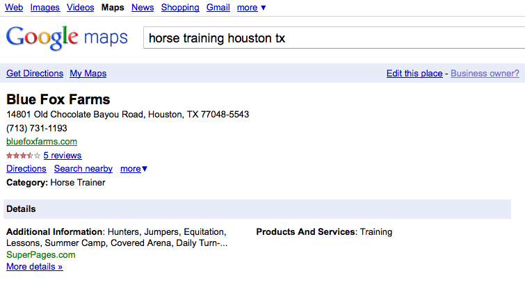 Google local listing for Blue Fox Farm Houston TX