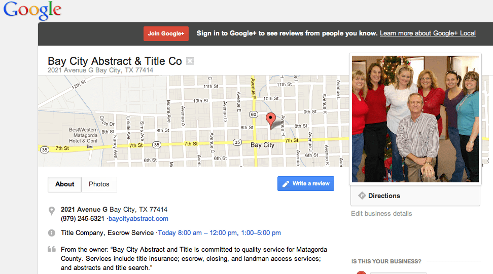 Bay City Abstract & Title Company Google+ Local listing - title services for Matagorda County