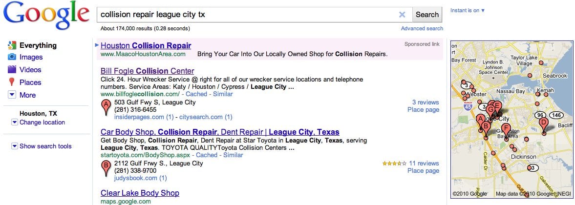 Google Places Results for Collision Repair League City TX