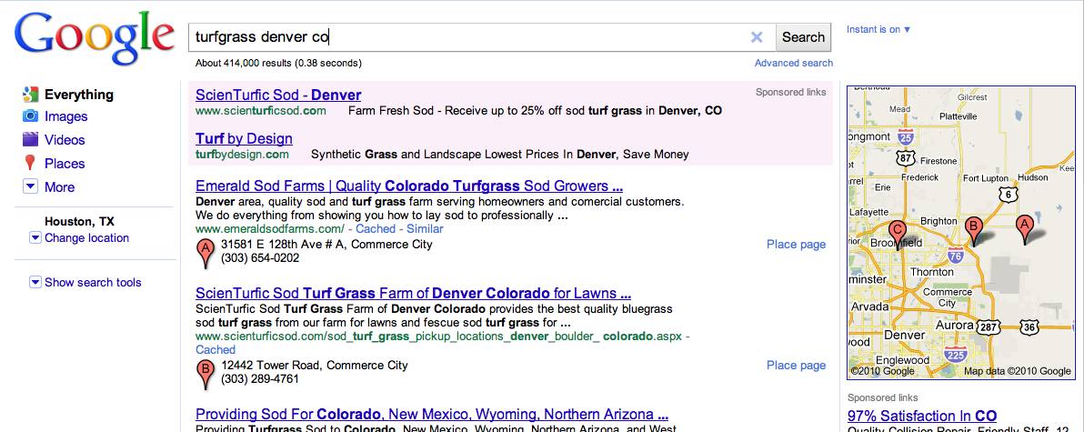 Google Places Search for Turfgrass Denver Co