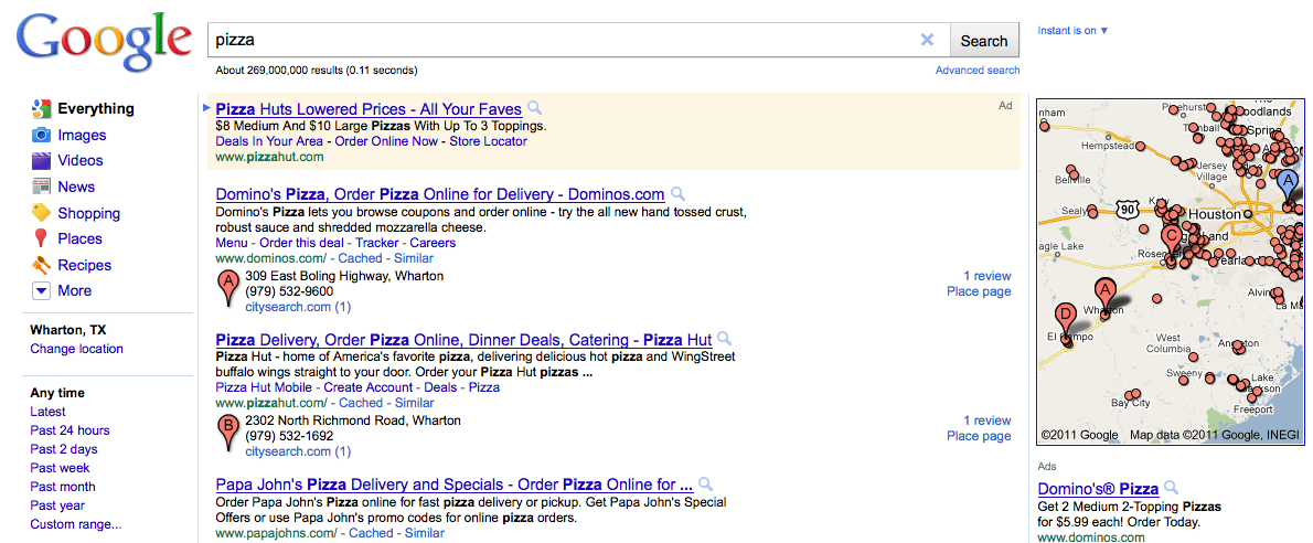 Google Local Search for Pizza Restaurants Near Wharton TX