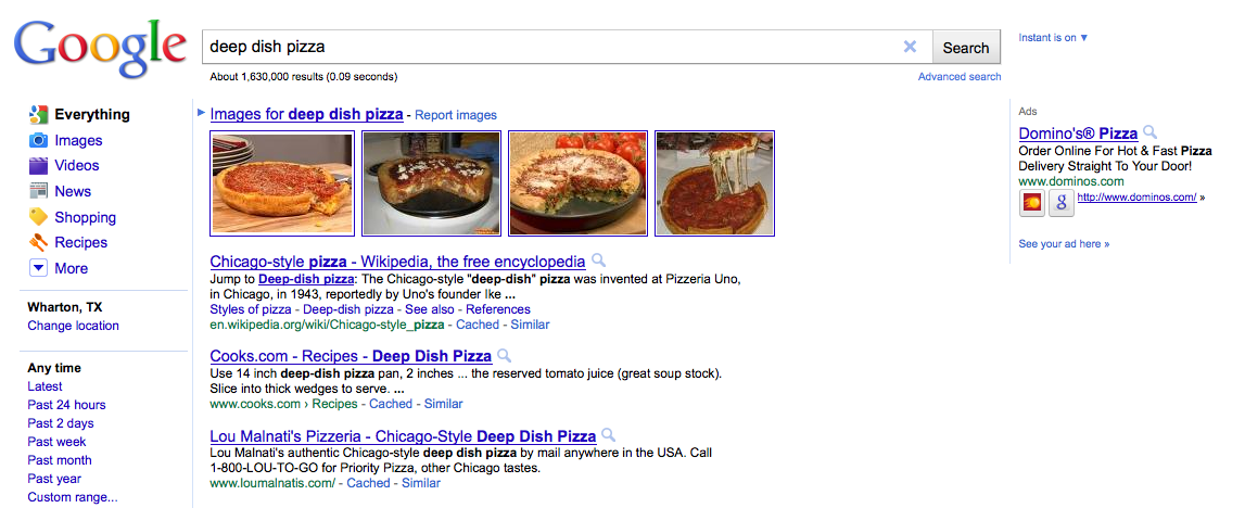 Google Search for Deep Dish Pizza Returns Global Results