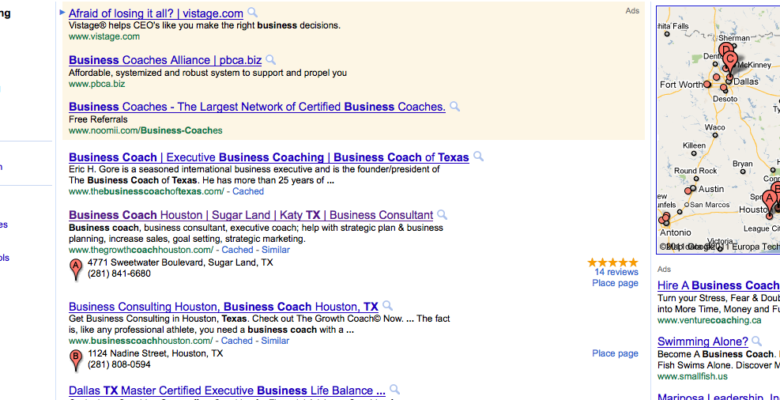 Google search results for business coach tx
