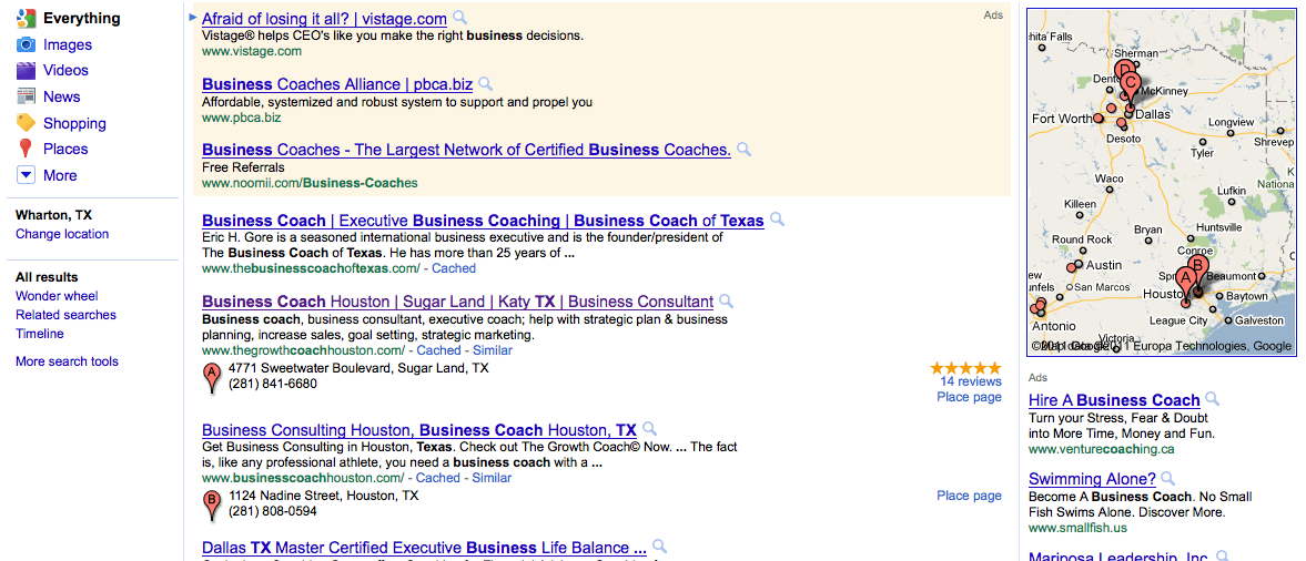 Google search results for business coach tx