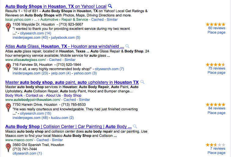 Houston auto body shop google search results showing the impact of SEO customer reviews
