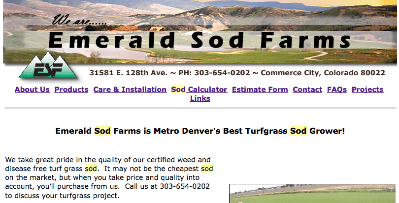 Screenshot of IX Brand SEO Client Emerald Sod Farms Showing Keyword Placement