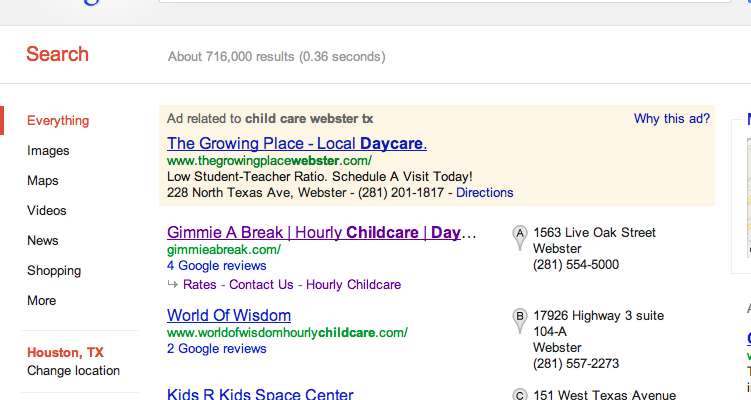Google Places Listing for IX SEO Client Gimmie A Break in Webster TX
