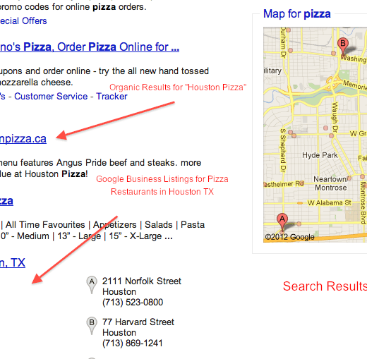 Pizza Houston Example of Google Local Search Results